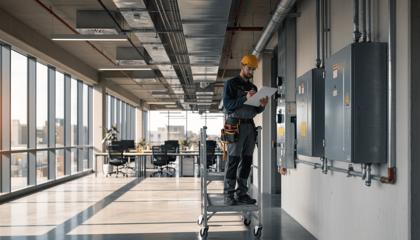 Maintenance technician inspecting commercial HVAC system in Raleigh office facility
